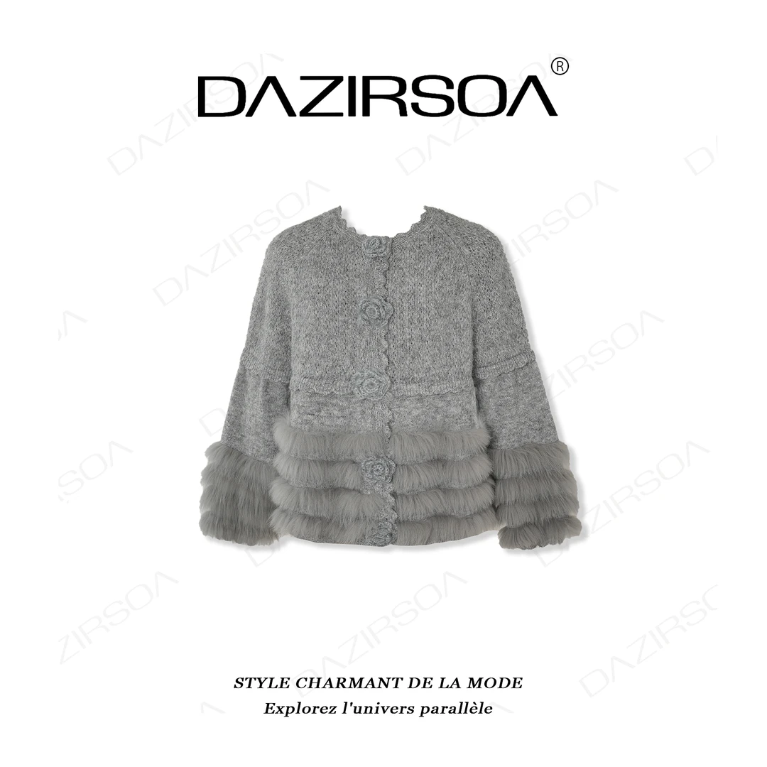 DAZIRSOA/达姿“方圆几里” 玫瑰花拼接狐狸毛毛衣外套 U617