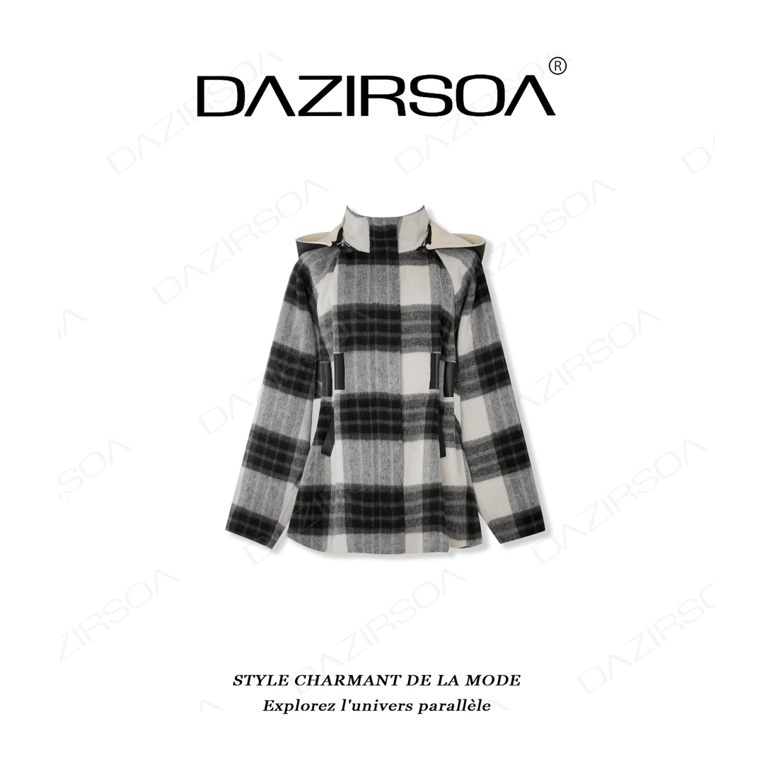 DAZIRSOA/达姿“线条雕琢” 复古黑白格子洋气连帽大衣外套 W075