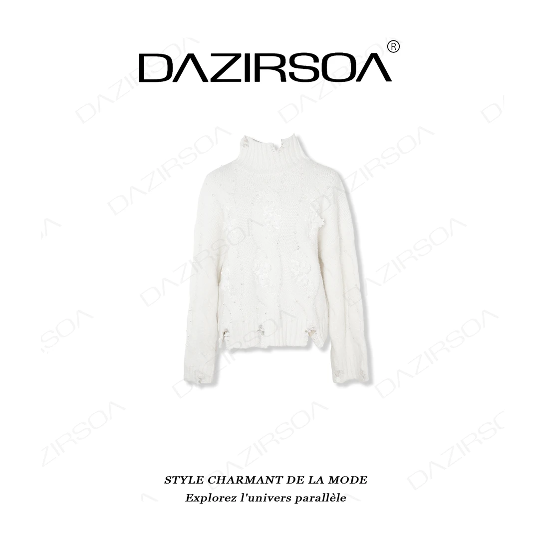DAZIRSOA/达姿“惬意有型” 拼接钉珠花朵洋气高领宽松毛衣 U855
