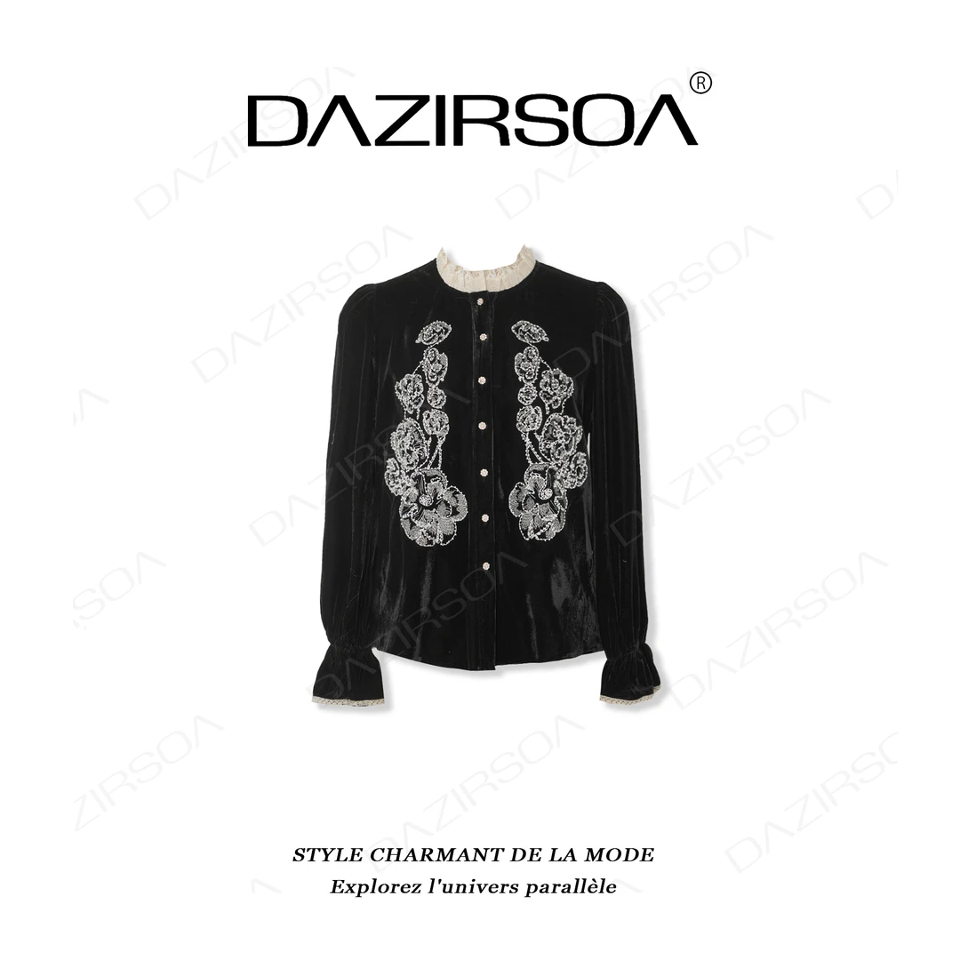 DAZIRSOA/达姿“自成焦点”时尚百搭立体法绣花朵洋气丝绒上衣 W327
