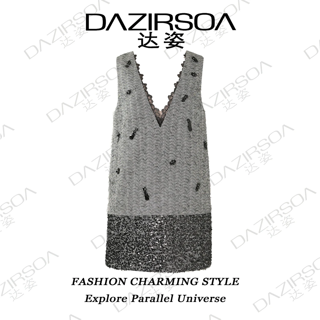 24A/W “纹理变换”蕾丝花边拼接人字纹背带裙 S886