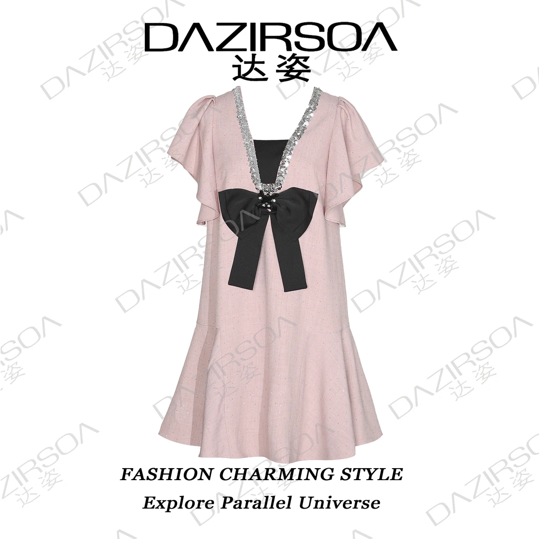 DAZIRSOA/达姿24S/S "轻盈雅致"蝴蝶结亮片闪闪荷叶摆连衣裙 S763