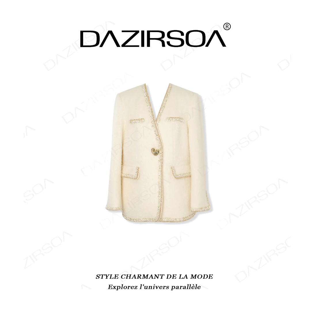 DAZIRSOA/达姿“简约知性” 时尚百搭气质V领爱心钉扣大衣外套 U105