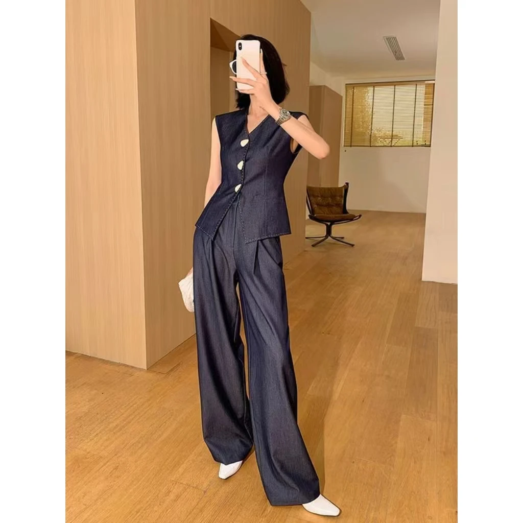 时尚套装#3206显高蓝色两件套装女无袖V领马甲高腰显瘦阔腿裤长裤