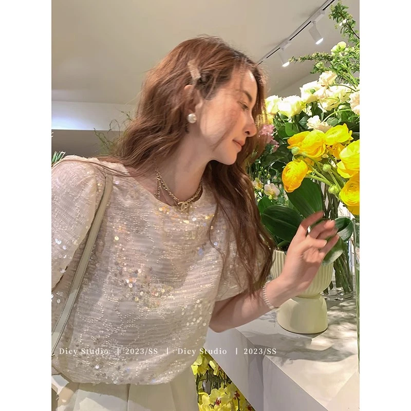 【150】亮片T恤#3378法式气质小众圆领夏季2024新款时尚泡泡袖上衣