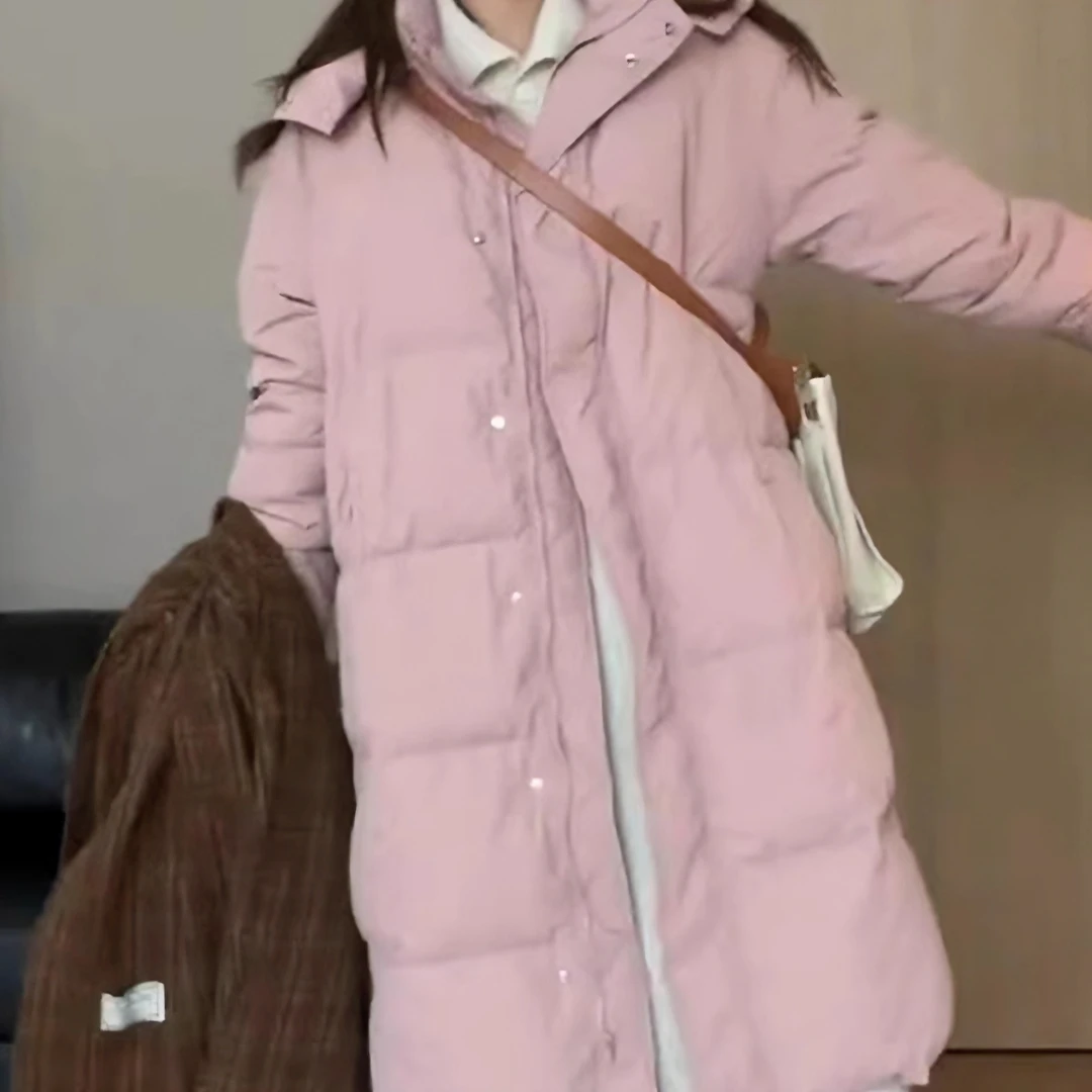 百搭棉服女2023新款冬季中长款过膝韩系棉衣粉色韩版宽松学生外套