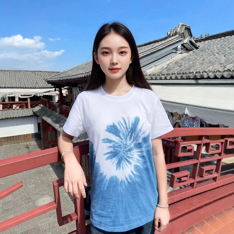 云南大理旅游白族扎染植物染多巴胺圆领百搭短袖T恤男女同款上衣