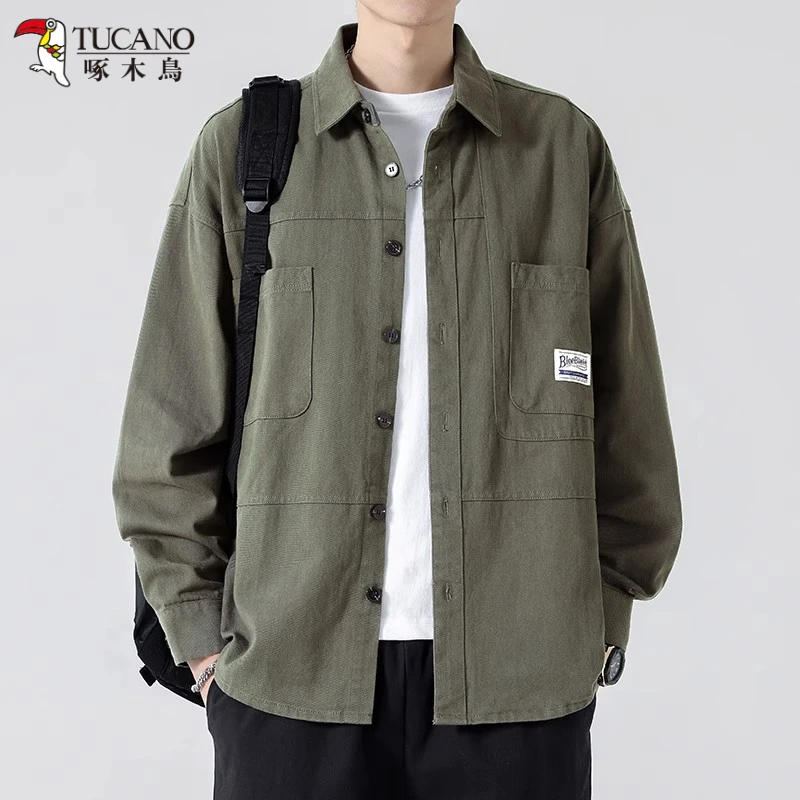 啄木鳥2025新款春秋季长袖衬衫男休闲宽松日系工装衬衣上衣服外套