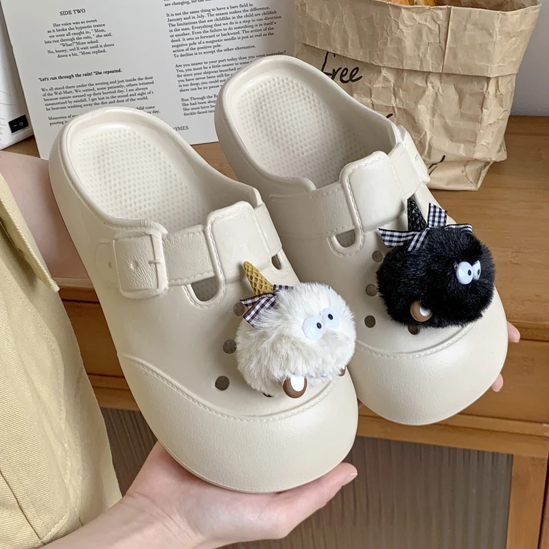 卡通可爱网红煤球洞洞鞋软底时尚休闲厚底包头半拖鞋夏季外穿防滑