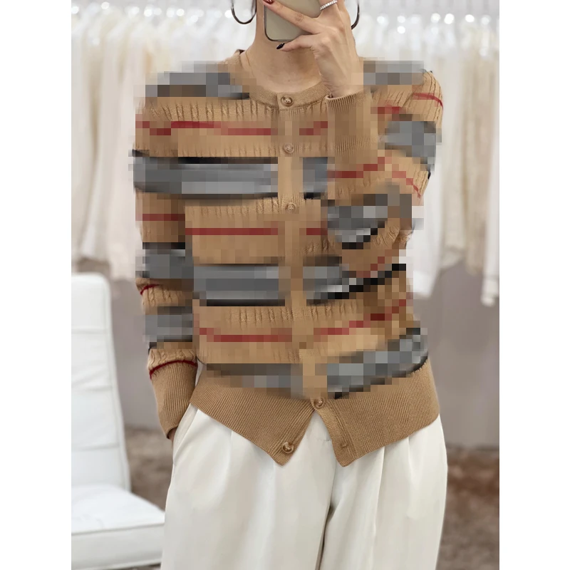 巴家条纹麻花圆领针织衫开衫女秋冬宽松复古拼色羊毛衫现货