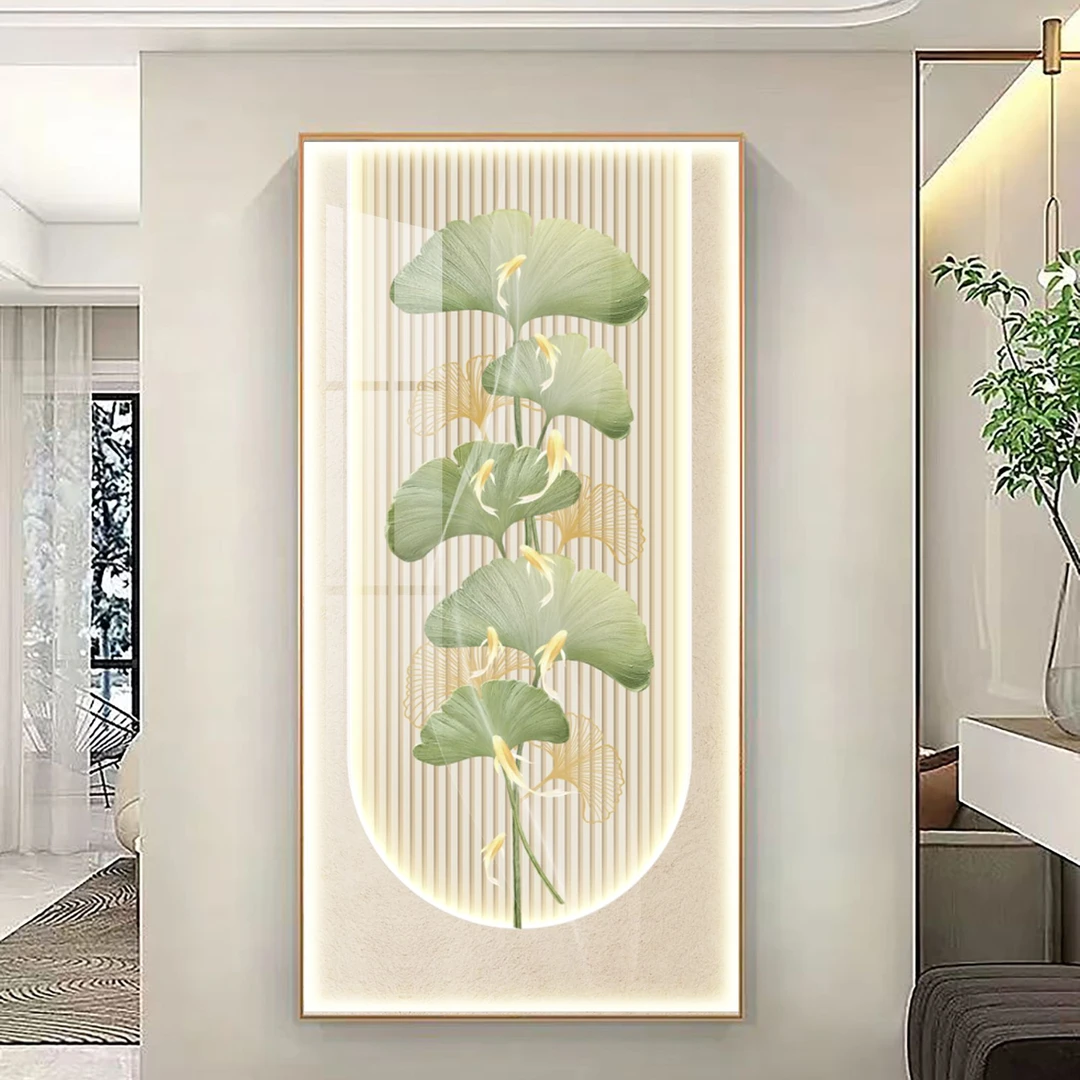 奶油风玄关画客厅入户门九鱼挂画高端氛围灯感银杏装饰画