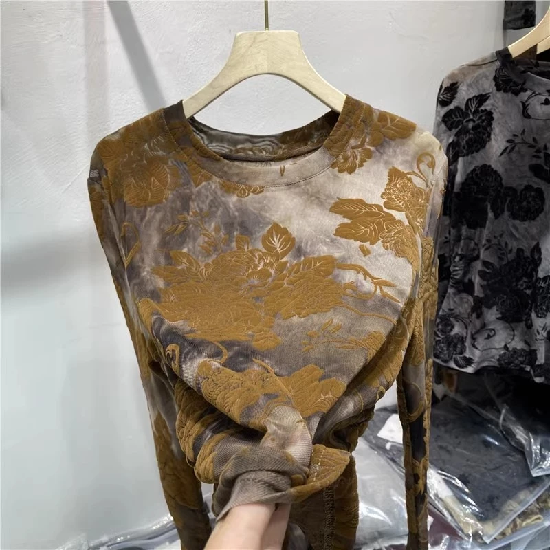 欧货复古花朵植绒长袖网纱T恤女2025秋季新款抽绳收腰打底衫上衣