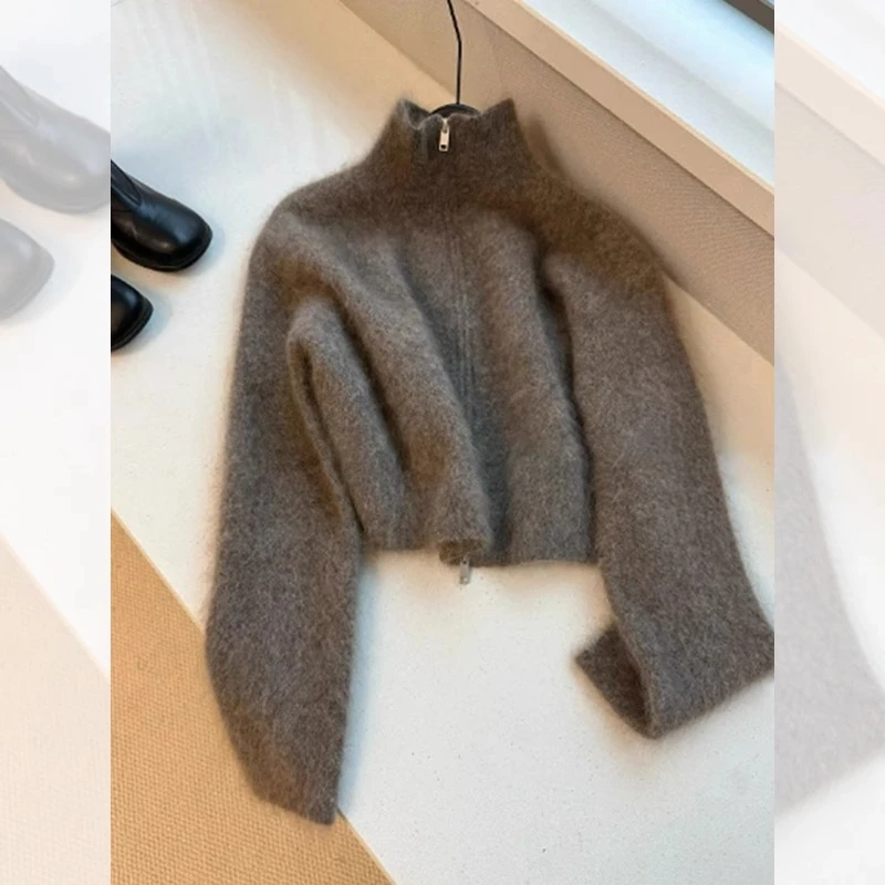 复古咖色半高领马海毛针织开衫女春秋宽松慵懒毛衣外套水貂绒上衣