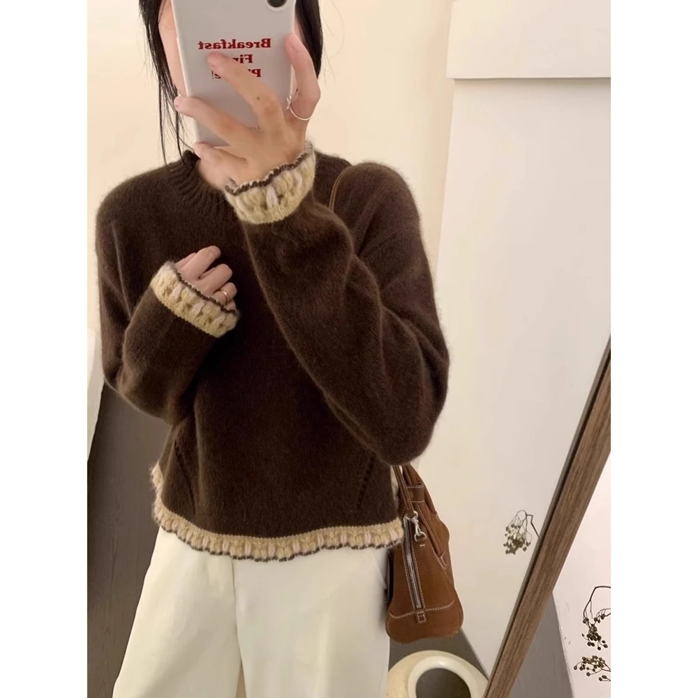 高级感超好看咖色花边针织衫秋季2025新款设计感小众百搭洋气上衣