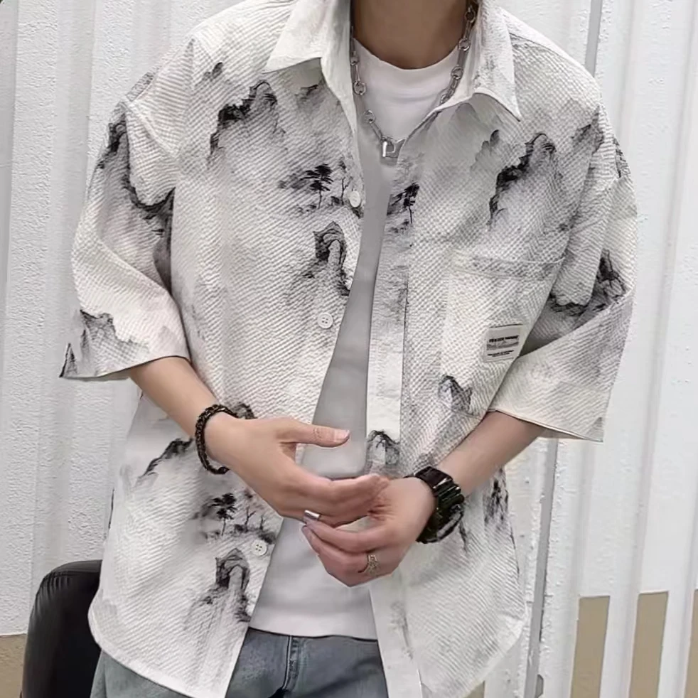 国潮痞帅水墨花衬衫男短袖夏季薄款潮牌时尚百搭宽松中袖衬衣