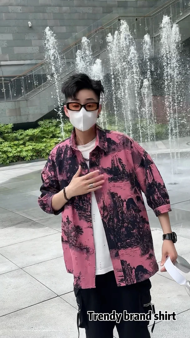 男士夏季痞帅衬衫国风短袖高街水墨山水衬衣扎染破洞洗水休闲宽松