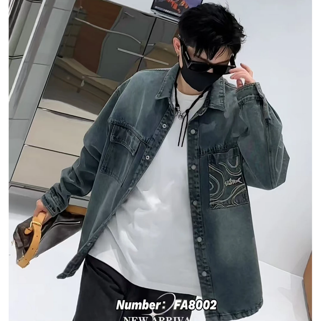 2025春季痞帅洗水牛仔宽松时尚百搭潮男休闲青年外套衬衫夹克上衣