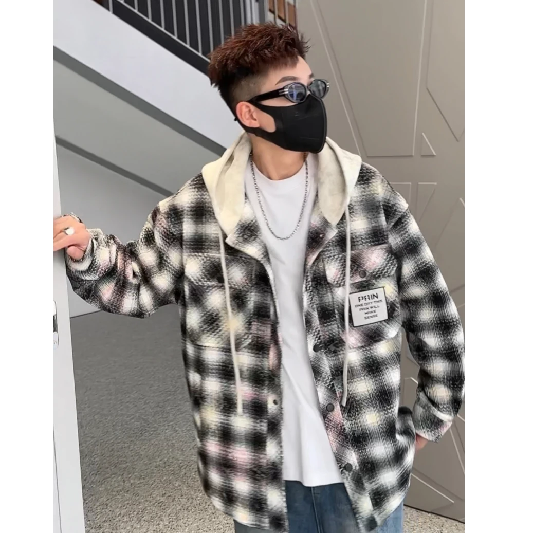 2025潮牌休闲痞帅情侣连帽外套宽松潮流加厚格子男士秋冬港风夹克