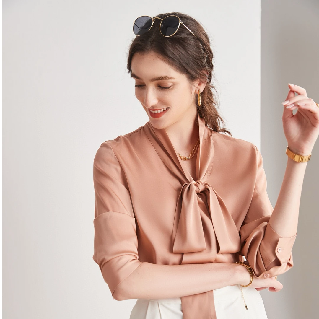 领口系带桑蚕丝衬衣气质OL多色款JS2021-14 (ML010)