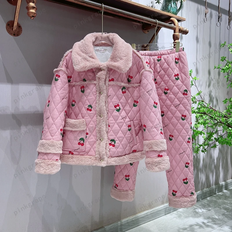 pinkgrape【樱桃之吻】睡衣女士新款冬季三层夹棉加厚家居服2378137