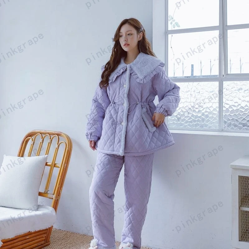 pinkgrape睡衣女冬季零下防静电加厚保暖三层夹棉家居套装2478710