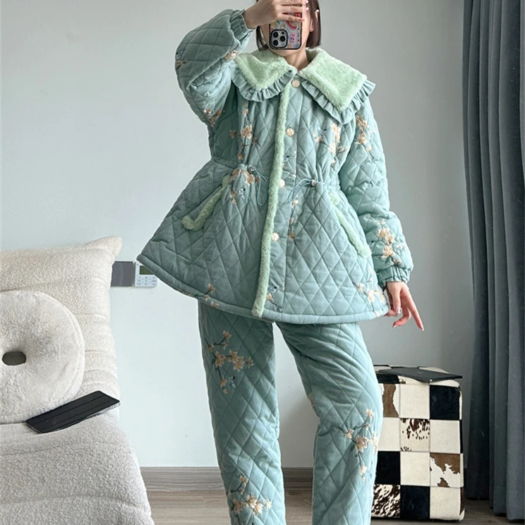 pinkgrape睡衣女冬季零下防静电加厚保暖三层夹棉家居套装2478710