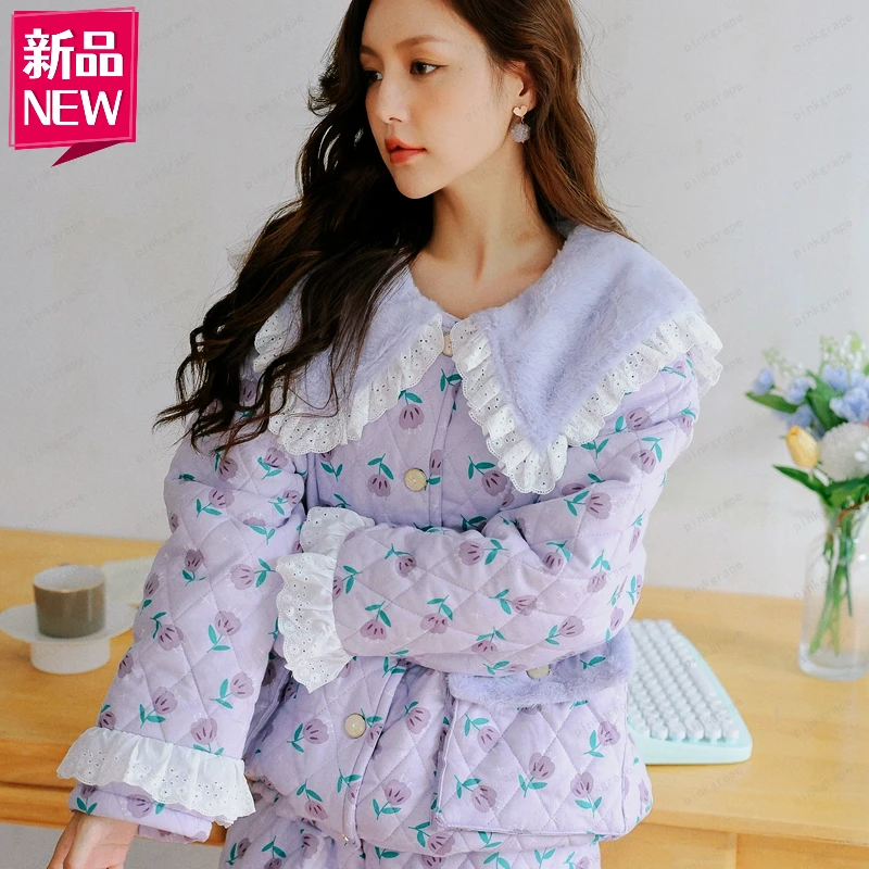 pinkgrape洛雨精灵睡衣女冬季三层夹棉加厚欧若风家居服2478502