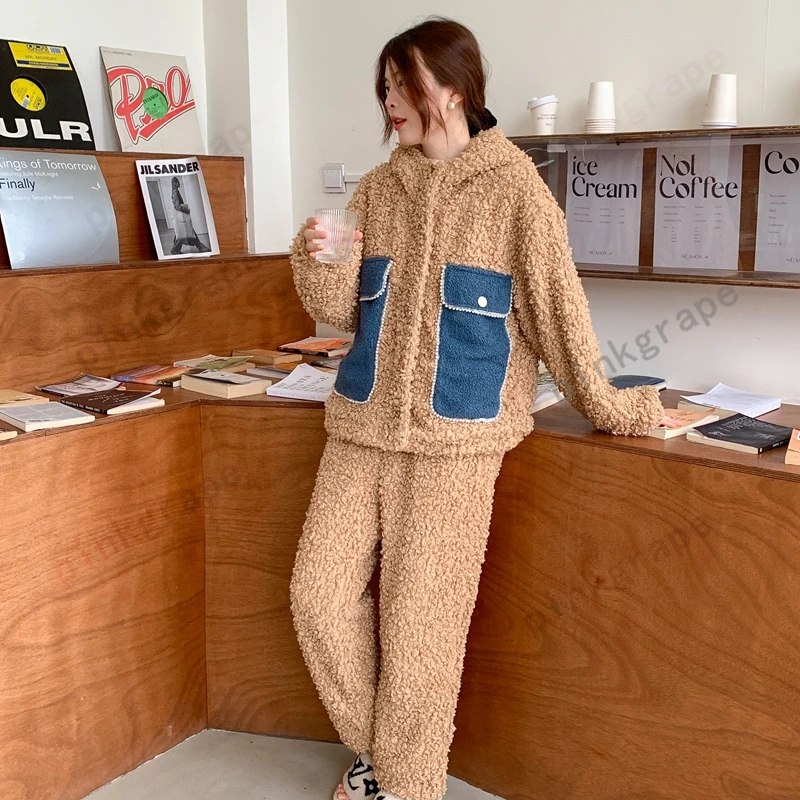 pinkgrape女士冬季加绒加厚连帽家居服套装双层御寒保暖2378109