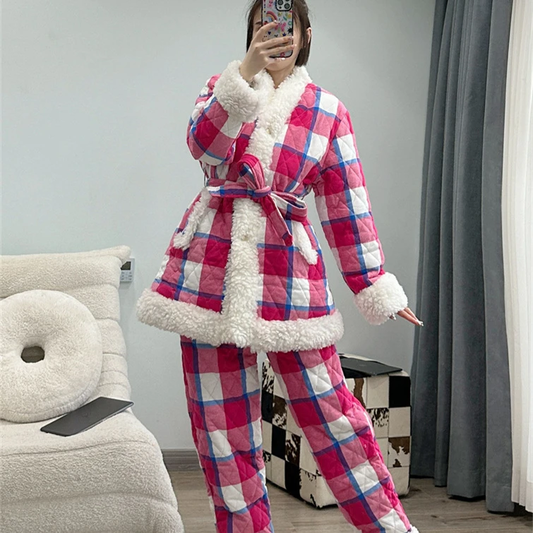 pinkgrape睡衣女冬季零下防静电加厚保暖三层夹棉睡衣套装2478524