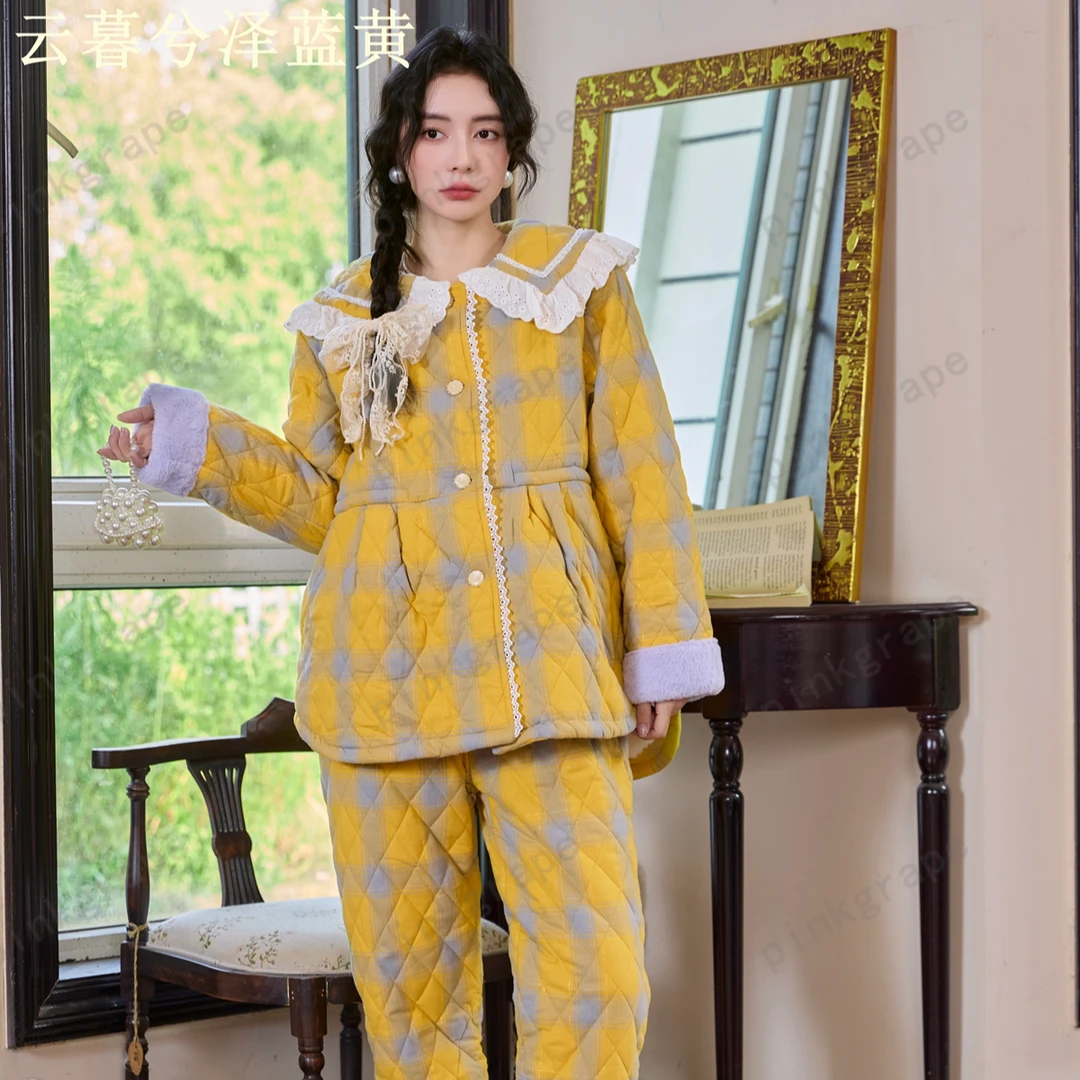 pinkgrape【云暮兮泽】睡衣女士新款冬季三层夹棉加厚家居服2478125