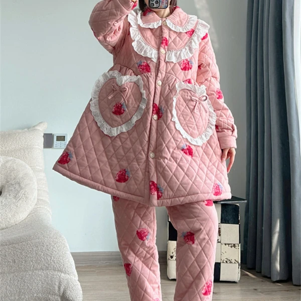 pinkgrape【红颜草莓】睡衣女冬季三层夹棉加厚防静电家居服2478515