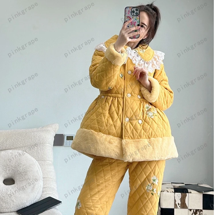 pinkgrape睡衣女冬季零下可外穿加厚保暖三层夹棉家居套装2478721