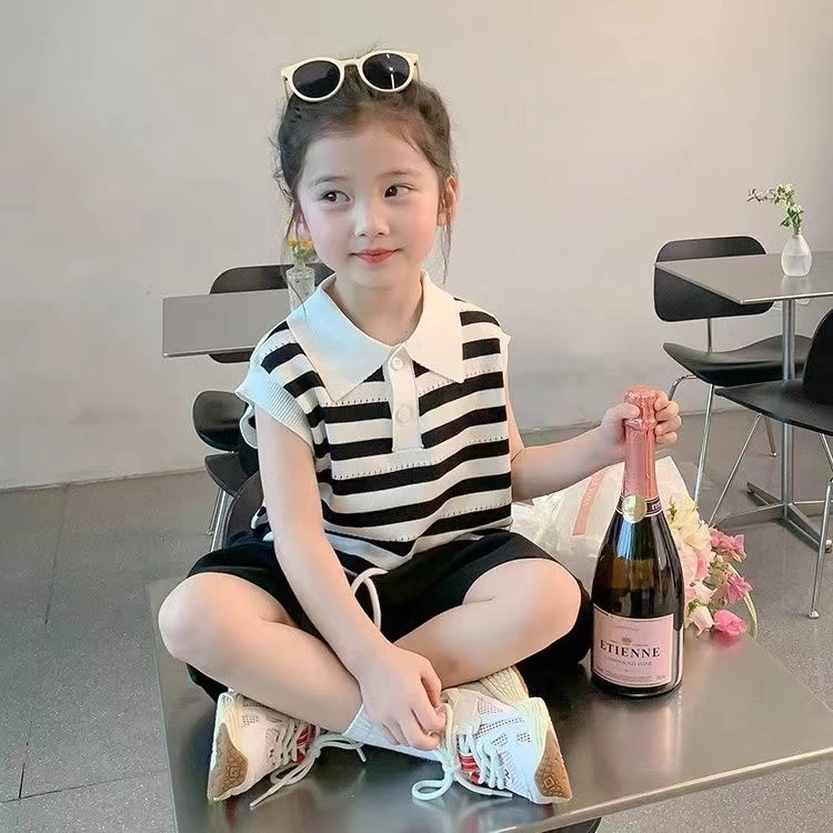 女童夏季爆款条纹短袖针织Polo衫中小童韩版洋气百搭休闲无袖上衣