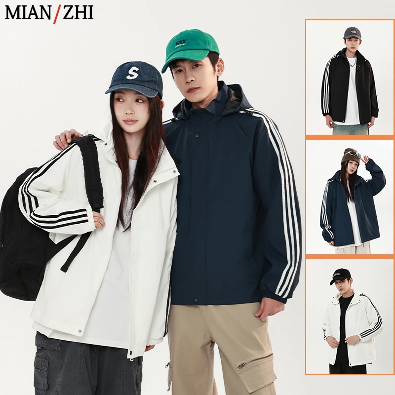 棉致户外休闲运动夹克春秋新款宽松连帽情侣百搭三条杠学生外套男