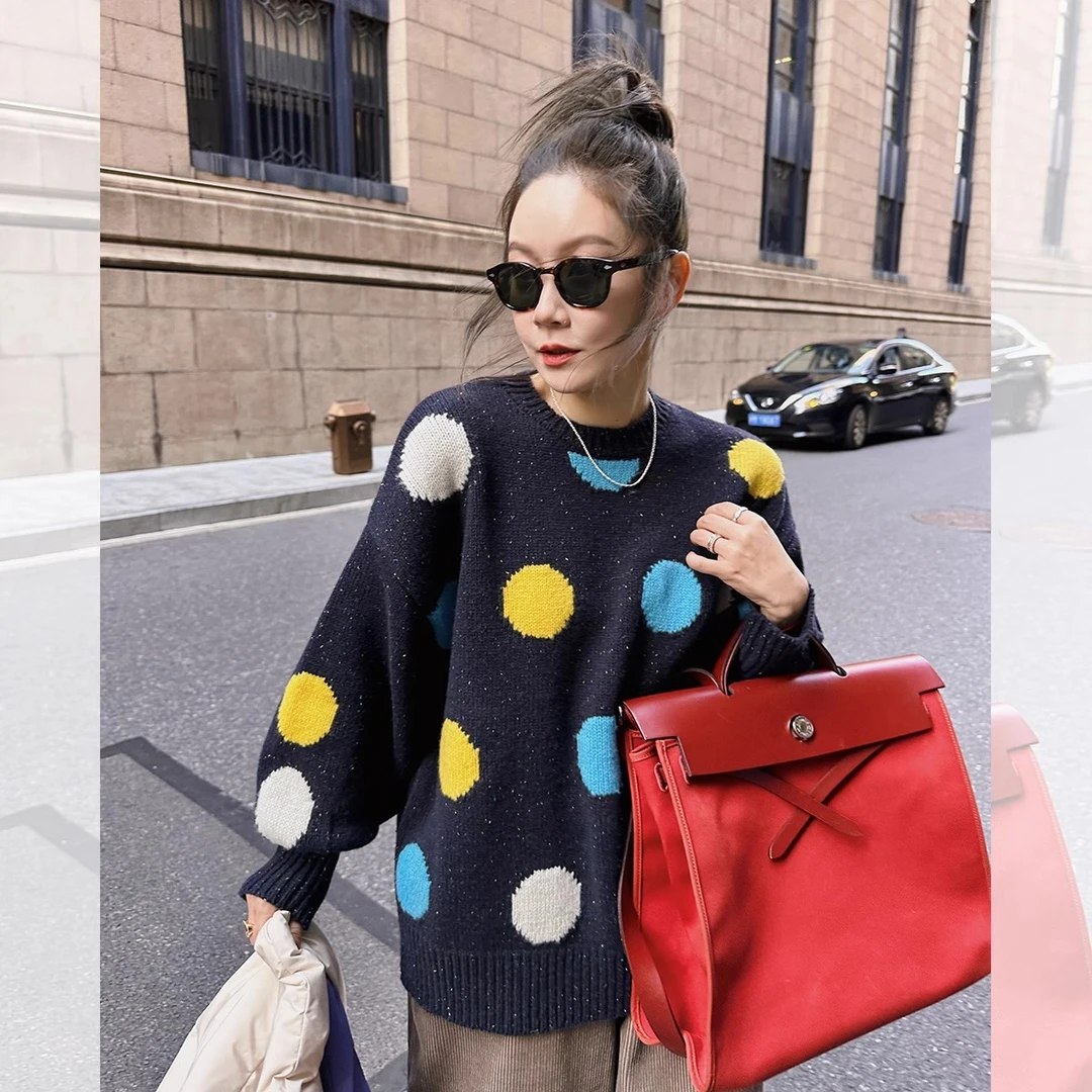 莉贝琳sisy波点毛衣女冬季新款宽松环保RWS羊毛彩点针织衫162099