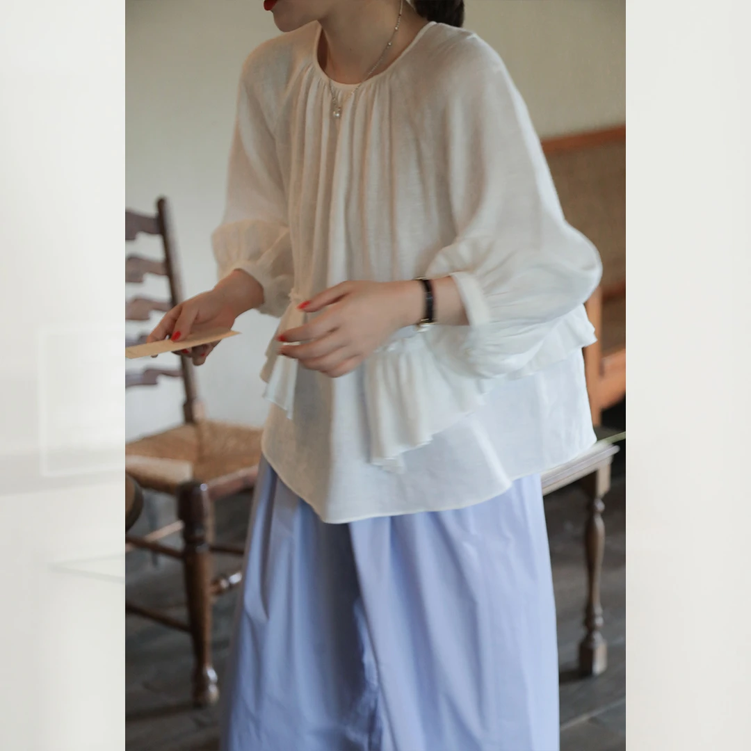 莉贝琳sisy亚麻小衫女新款白色荷叶边七分袖娃娃衫上衣172640