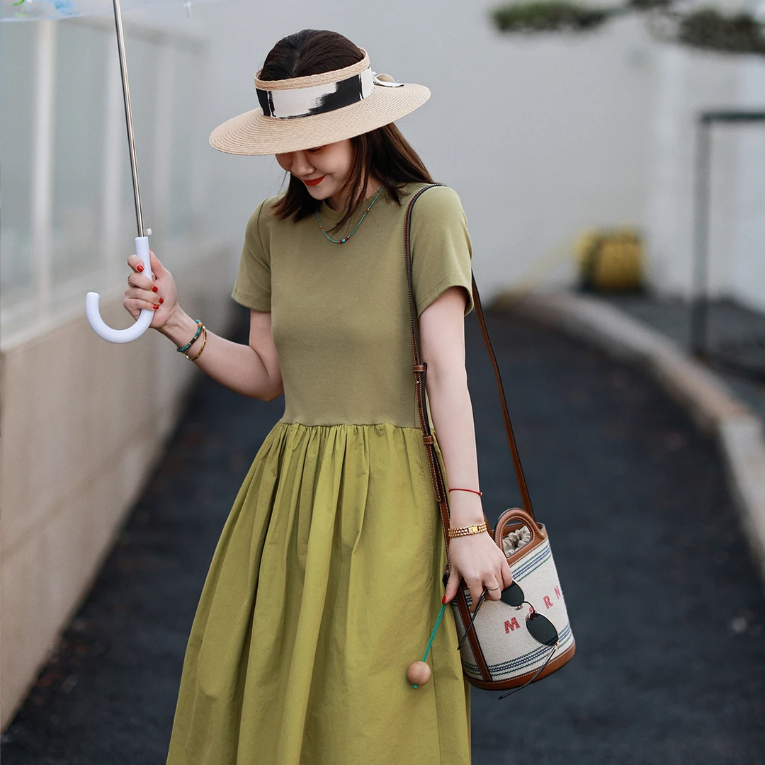 莉贝琳sisy格雷系AB连衣裙气质芭蕾风坑条显瘦短袖长裙款女187472