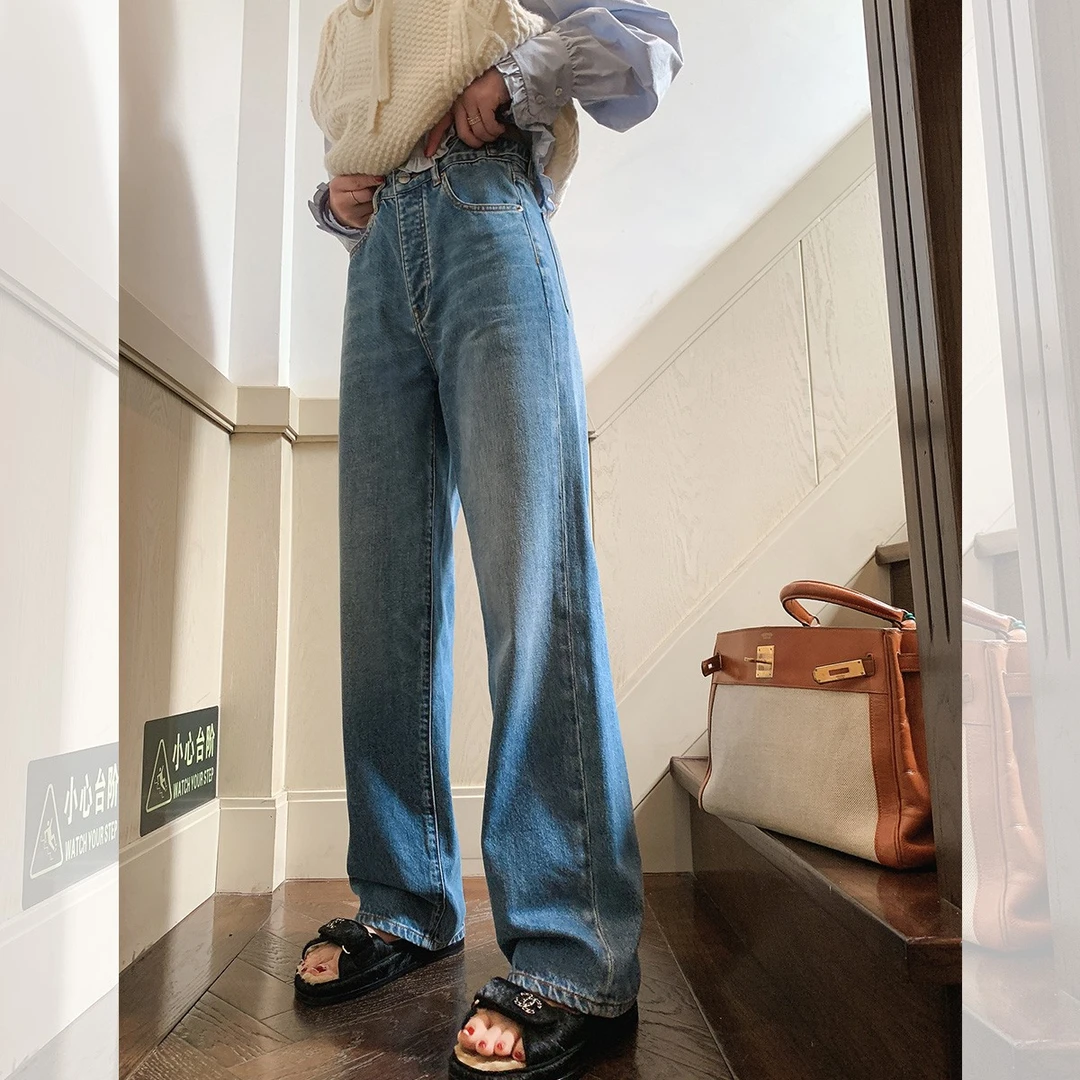 莉贝琳sisy阔腿牛仔裤女秋季高腰复古休闲百搭直筒拖地裤156123