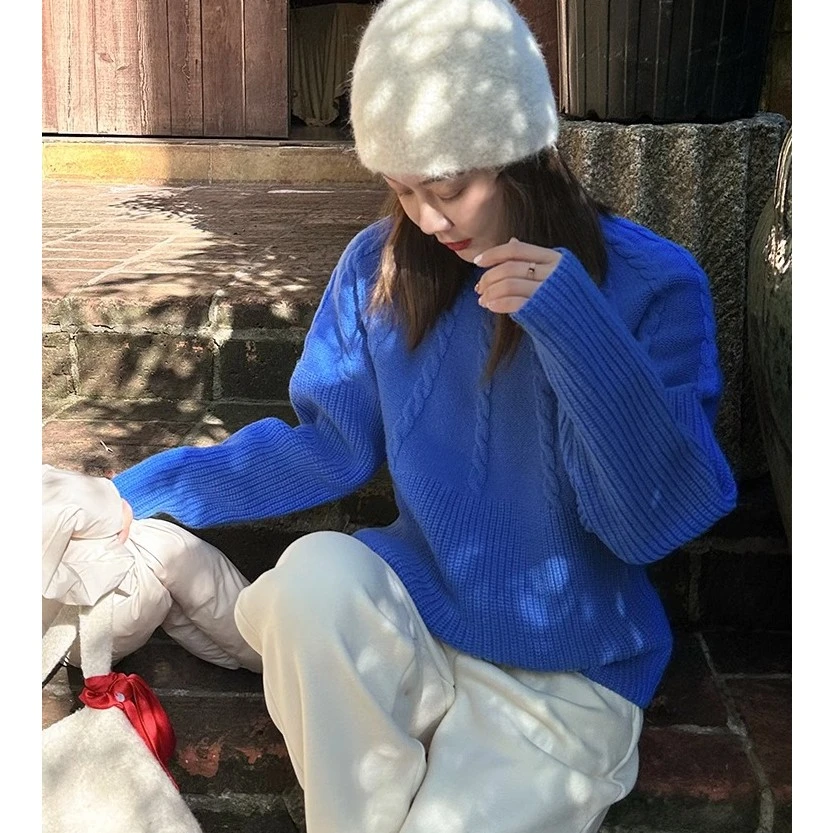 莉贝琳sisy【南辞绞花毛衣】复古全羊毛圆领套头针织衫女毛衣165388