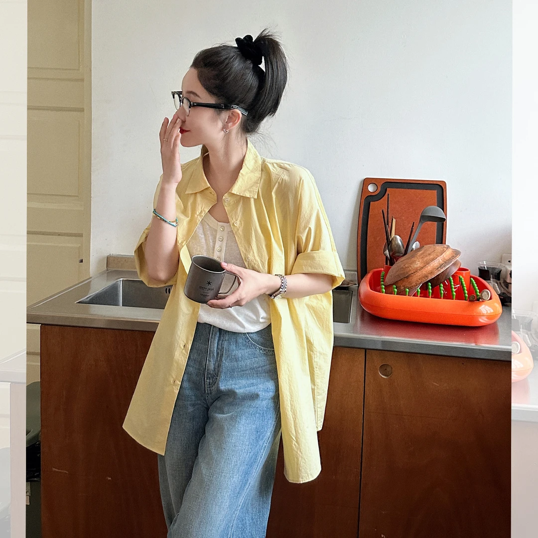 莉贝琳sisy衬衫休闲高级气质廓形棉感透气短袖衬衣191360