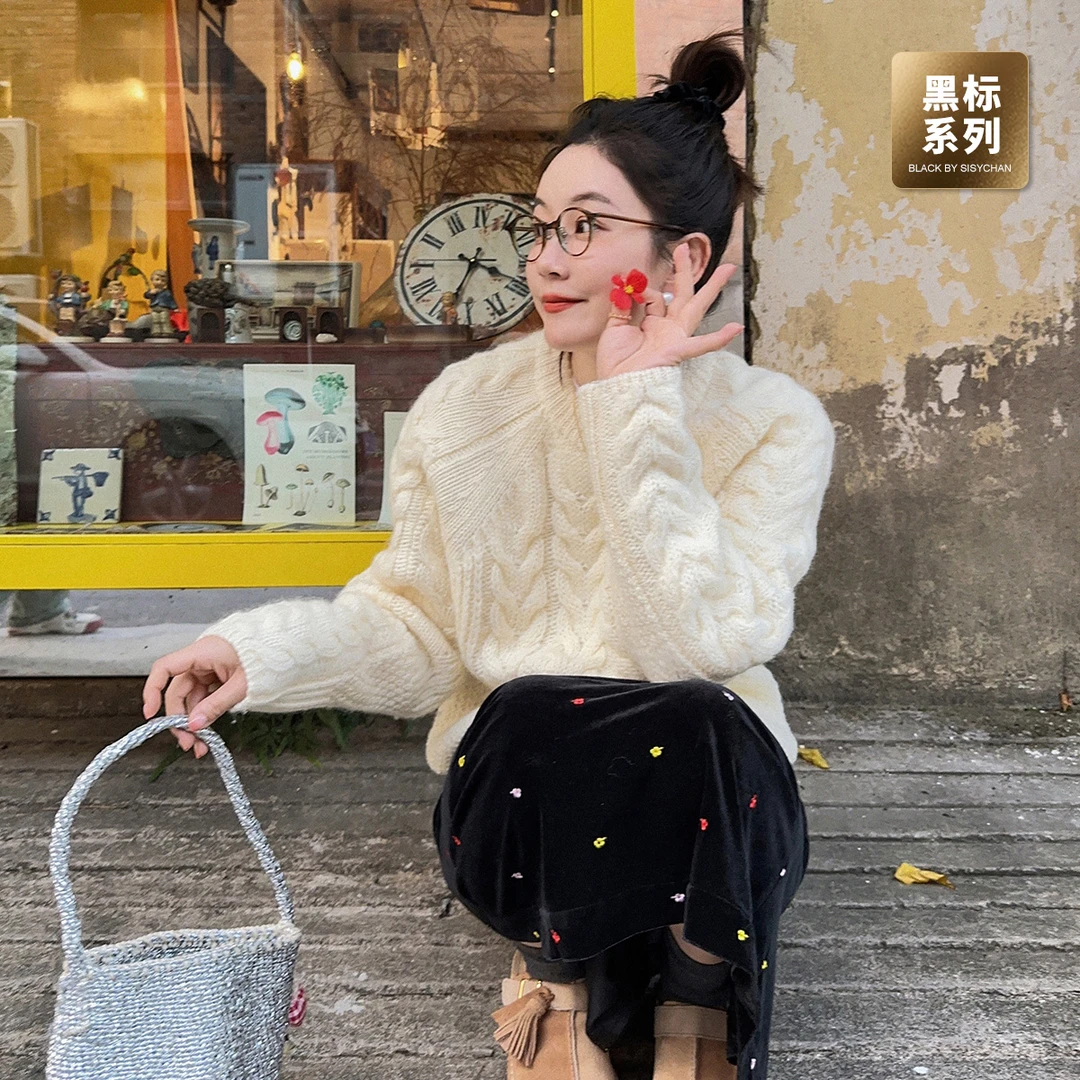 莉贝琳sisy【阿兰毛衣】黑标圆领套头羊毛衫女保暖绞花针织衫185053