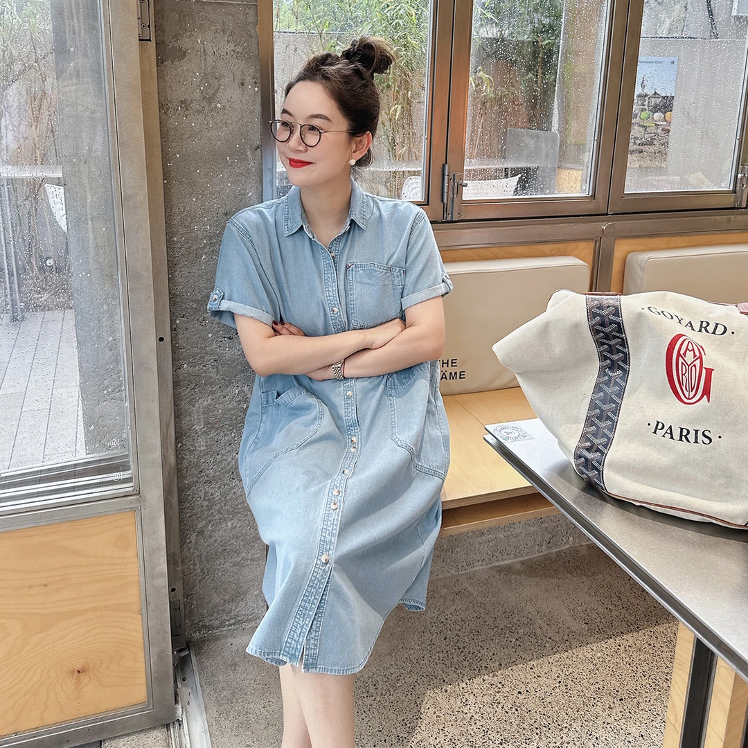 莉贝琳sisy牛仔衬衫连衣裙短袖复古遮肉中长款纽扣全棉裙子171011