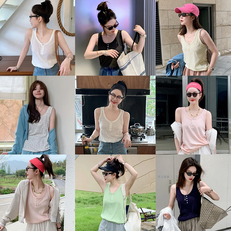 莉贝琳sisy 人手N件纽扣背心女夏外穿韩系U领无袖打底上衣190401