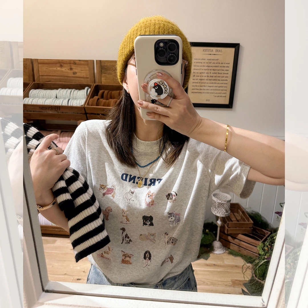 莉贝琳sisy狗子印花T恤230g磨毛印花宽松短袖上衣女S24411TS01