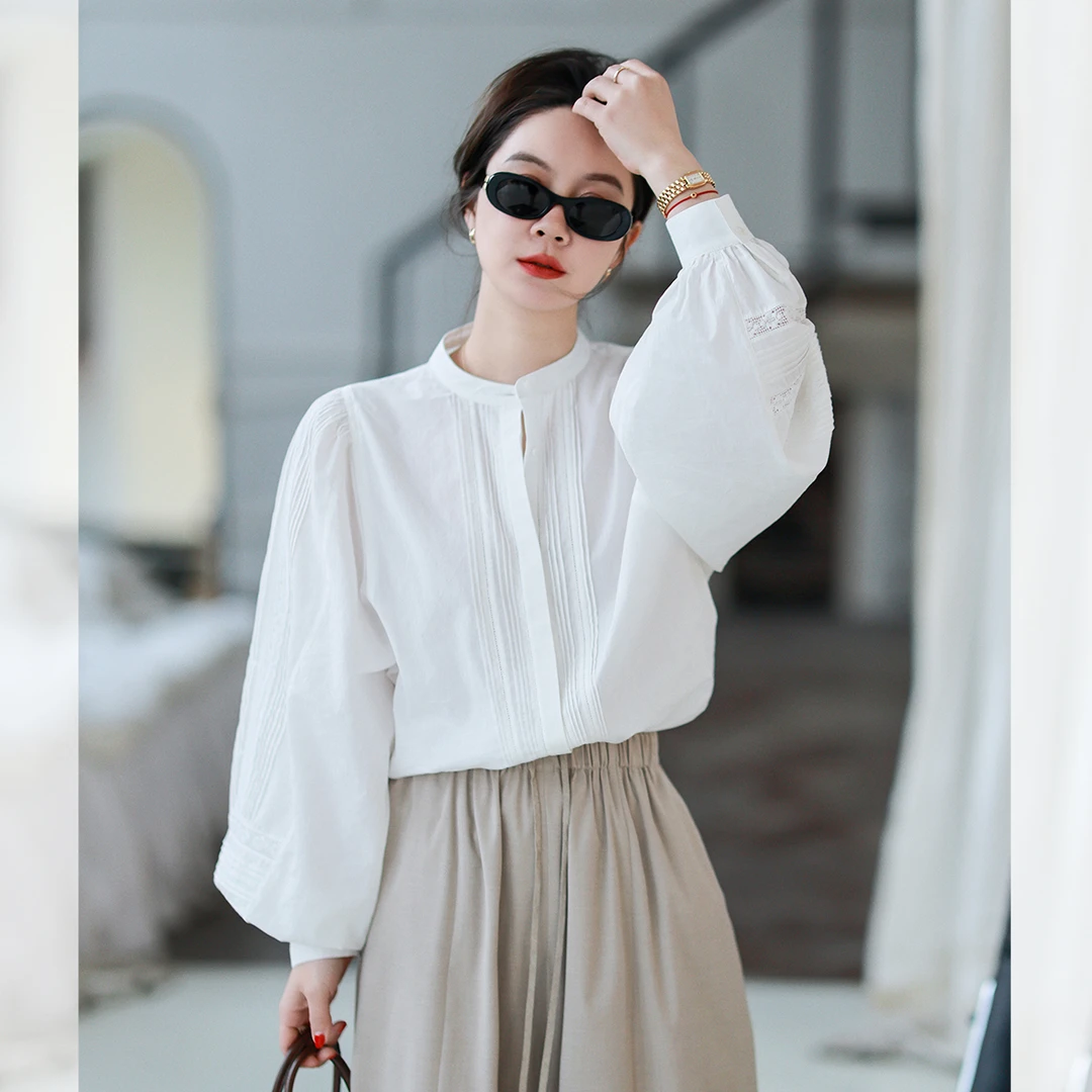 莉贝琳sisy宽松气质长袖小衫法式精致立体花边圆领上衣女187523
