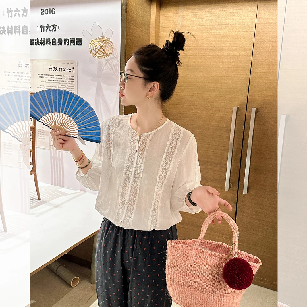 莉贝琳sisy法式小衫夏新款蕾丝刺绣重工灯笼袖苎麻上衣仙气193211