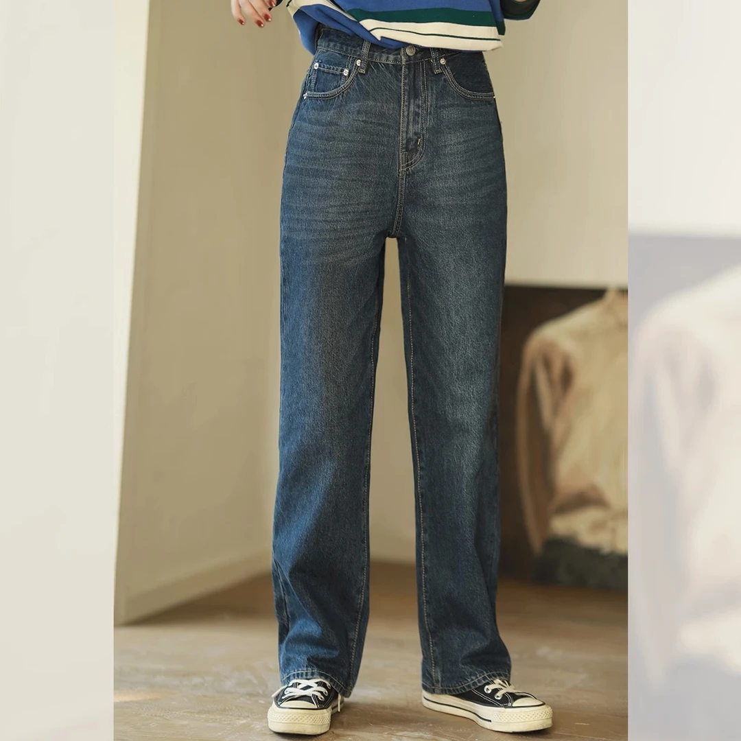 莉贝琳sisy笔直显瘦牛仔裤秋冬新款复古高腰显瘦提臀直筒裤175242