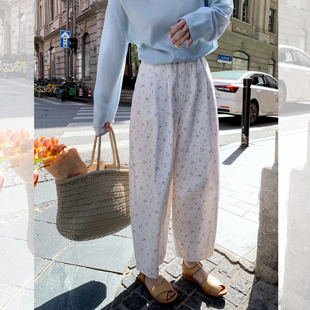 莉贝琳sisy休闲裤薄款女慵懒气质碎花纯棉中腰长裤气球裤191306