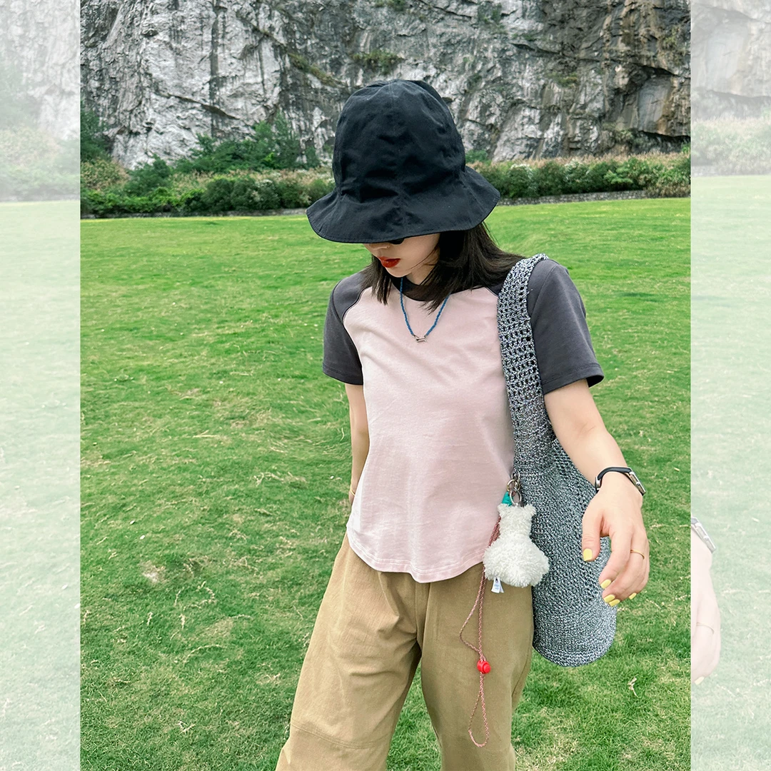 莉贝琳sisy 夏季新款撞色插肩袖上衣活力清凉感T恤女193880