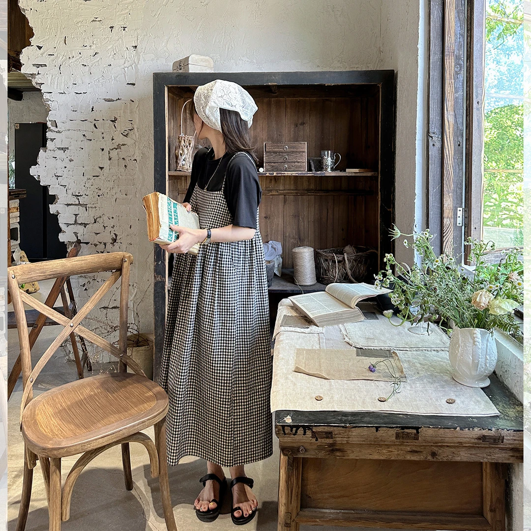 莉贝琳sisy  格纹飞鸟减龄连衣裙新款日系吊带中长裙女193494